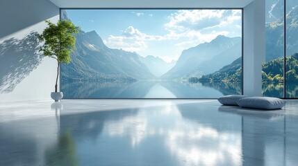 Fototapeta premium Stunning View of Mountain Lake in Modern Interior Setting