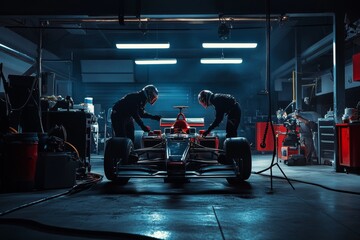 Manager supervision of pit crew repairing formula one race car in dimly lit garage