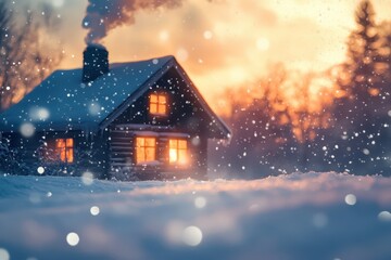 Naklejka premium Cozy cabin in the snow at sunset with warm light and soft snowflakes.AI Generation