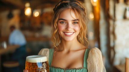 Young woman smiling while holding a beer in rustic pub setting