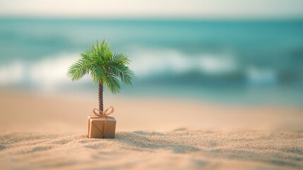 Obraz premium A playful image of a small palm tree growing out of a gift-wrapped box embedded in the sand by the seaside, embodying a whimsical sense of surprise and nature.