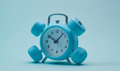 Alarm clock with dumbbells on light background. Working out concept, fitness, sport activity, healthy lifestyle theme, consistency in workouts