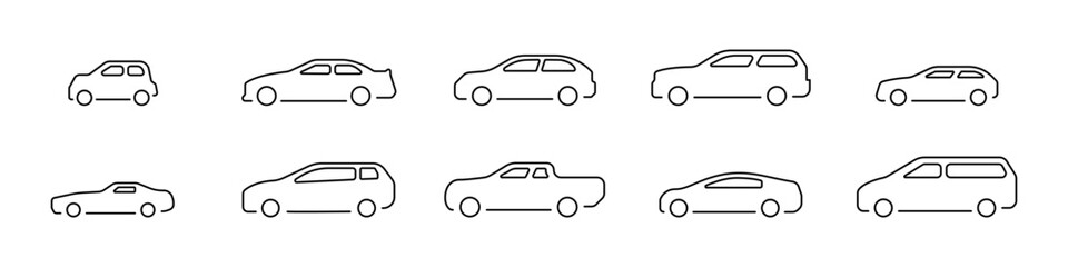 Linear auto vector icon set. Car outline. Forms of car bodies. Set of icons of types of cars. Side linear view of the car. Vector set of car icons. Vector illustration.