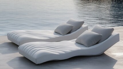 Luxurious white poolside loungers overlooking calm blue water for relaxation and serenity - advertising of travel agencies concept