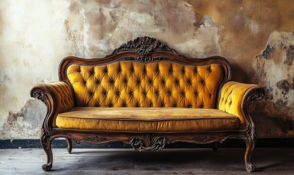 Antique wood sofa couch in vintage room. Classical style armchair.