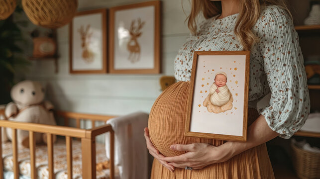 Expectant mother in cozy nursery holding baby art print near her baby bump - Powered by Adobe