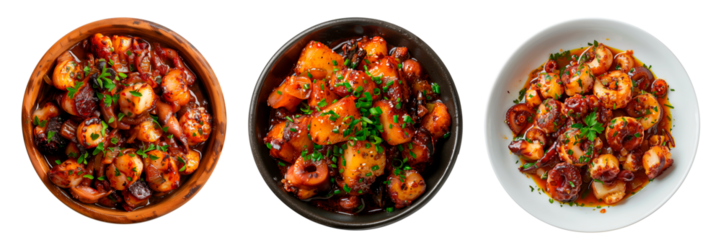 A set of galician octopus isolated on white or transparent background. Galician octopus in a wooden, black and white plate close-up. Traditional Spanish dish. Top view