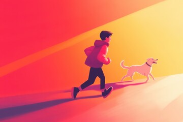 Obraz premium tech illustration, boy running with dog, simple minimal.AI Generation