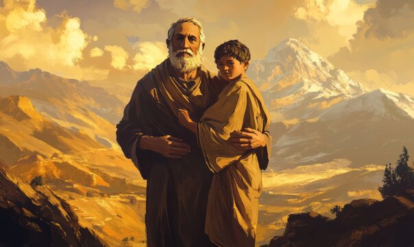 Portrait of Abraham and his son Isaac on mount Moriah. Old testament concept