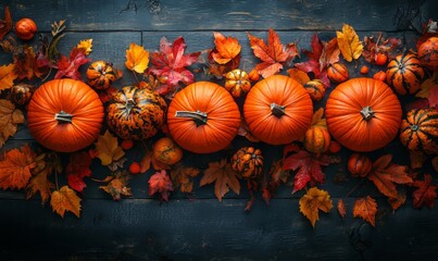 Bright Orange Pumpkins Surrounded by Colorful Autumn Leaves and Decorative Gourds on a Rustic Wooden Table in Fall