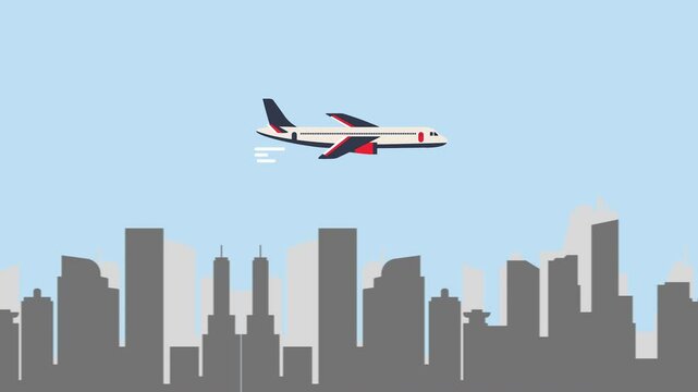Airliner flies above city skyline a light blue sky.