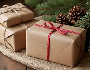 Three beautifully wrapped gifts with natural decorations, evoking a festive and cozy holiday spirit.