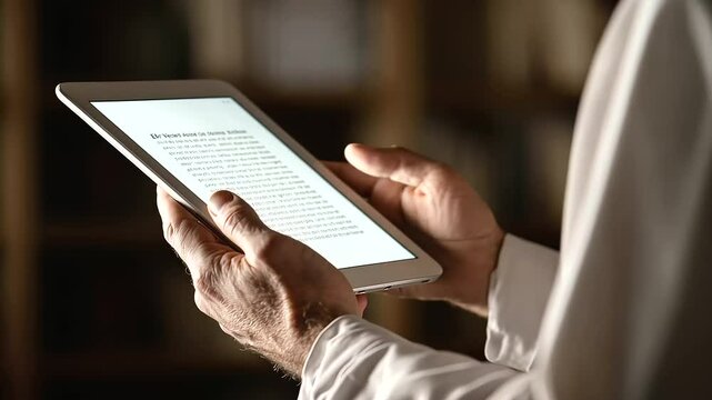 Hands in Prayer Holding Digital Tablet with Scripture Displayed