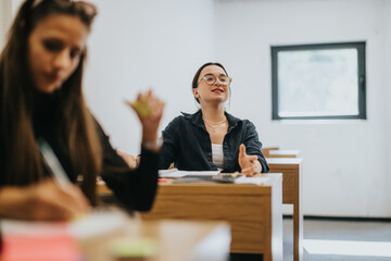 A high school student attentively participates in a classroom discussion, showcasing an interactive learning environment. The focus is on active engagement and communication among peers.