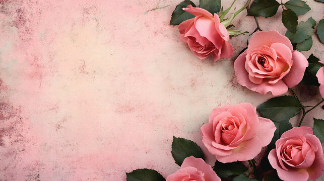 vintage background with pink roses on the right side