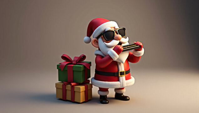 Santa plays a harmonica beside a stack of gifts, spreading musical cheer. A charming holiday image that brings a musical twist to traditional Christmas themes.