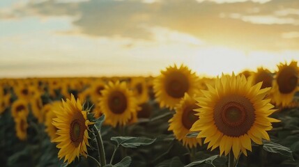 Obraz premium Sunflower field under a cloudy sky. 
