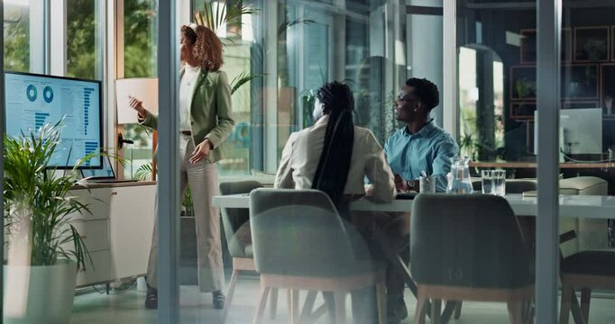 Business, woman and finance presentation in office with graphs for asset management and sales growth statistics. Financial internship, employees and laughing in boardroom for capital markets and data