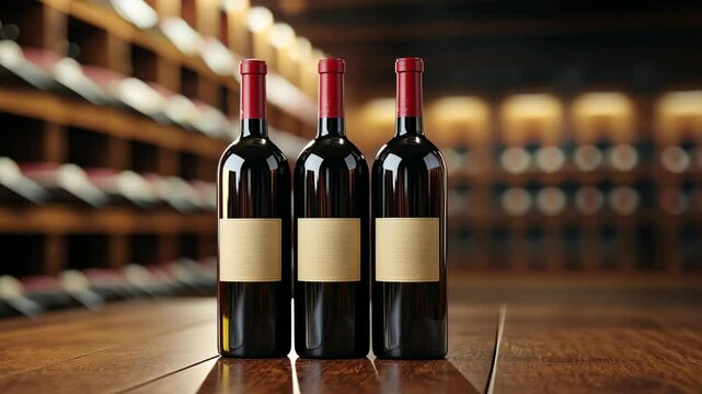 Three red wine bottles with plain labels are placed on a rustic wooden table in a warmly lit wine cellar filled with shelves of various wines.