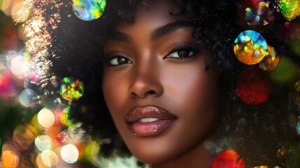 Fototapeta premium A woman with a big curly afro is smiling at the camera