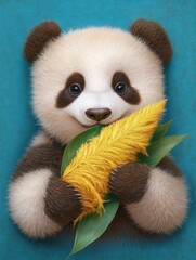 A cute panda holds a vibrant yellow corn cob and green leaves against a textured turquoise background, This playful image is ideal for children's products, educational materials