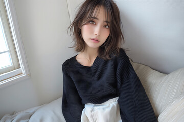 Naklejka premium 黒ニットで魅せるナチュラルな大人女性