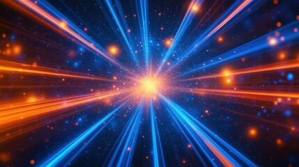 Bright radial light beams in blue and orange neon colors.
