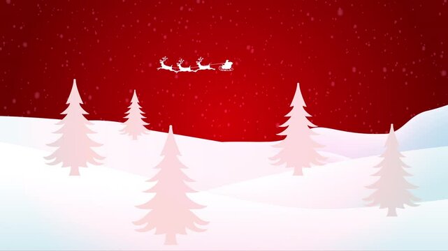 Santas sleigh reindeer fly snowy landscape red background.
