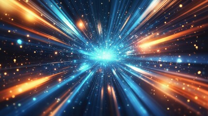 Bright radial light beams in blue and orange neon colors.
