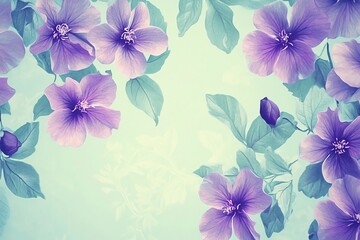 Fototapeta premium Fond vert menthe avec motifs de fleurs violettes dans un style vintage..