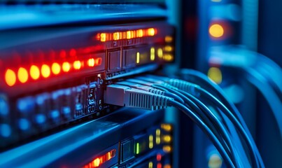 Naklejka premium Data center network, vibrant cables, digital infrastructure connections, modern technology hub