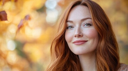 Fototapeta premium A woman with red hair and green eyes is smiling