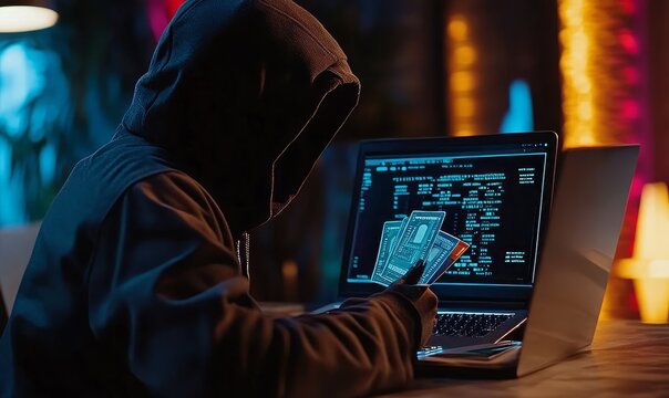 Hacker behind multiple fake bank accounts on a laptop screen, anonymous and untraceable, mule accounts, identity theft and fraud concept
