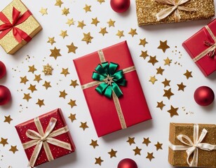 Festive holiday scene featuring beautifully wrapped gifts and gold stars on a white background.