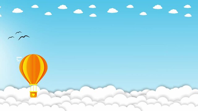Orange hot air balloon floats above clouds blue sky birds fly.