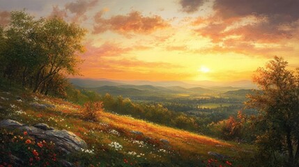 Obraz premium Golden Sunset Over Rolling Hills