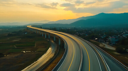 Fototapeta premium Scenic curved highway asphalt road with golden sky and mountain in the sunset