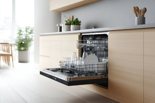 Contemporary kitchen with open modern dishwasher showcasing neatly arranged dishes and glassware