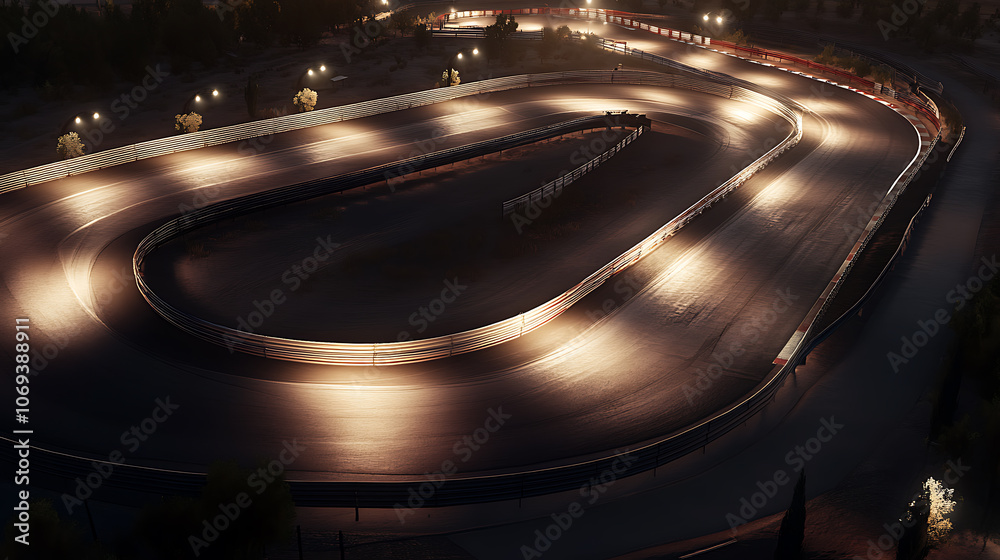 Poster the finish line of an asphalt race track with serpentine roads and illuminated floodlights