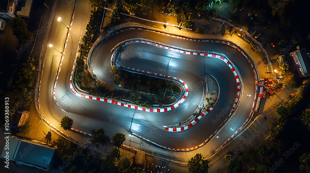Poster the finish line of an asphalt race track with serpentine roads and illuminated floodlights