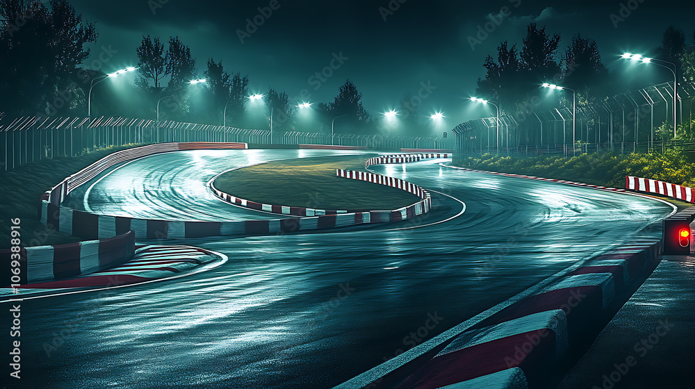 Poster the finish line of an asphalt race track with serpentine roads and illuminated floodlights