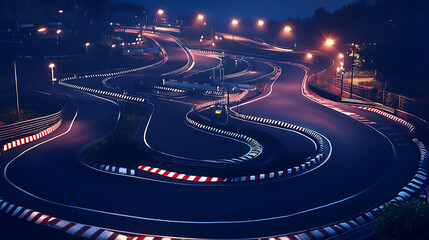 The finish line of an asphalt race track with serpentine roads and illuminated floodlights