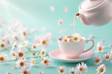 Fototapeta premium White cup of tea, levitating teapot and white daisies on a blue background.