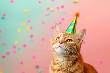 Cute cat wearing birthday hat on bright background with confetti