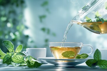 Pouring mint tea into a glass cup with fresh mint leaves, closeup