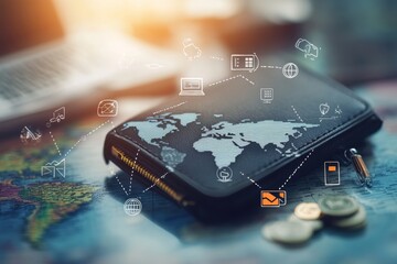 Photorealistic digital wallet featuring travel icons and ample copy space for travel finance themes