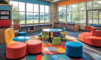 This special education classroom features vibrant furniture arranged in flexible seating configurations, promoting a nurturing and engaging learning environment