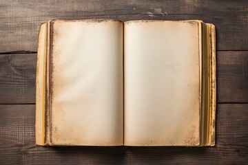 Fototapeta premium Old book on a wooden background. Top view with copy space.