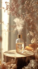 A clear glass dropper bottle filled with liquid sits on a wooden slice