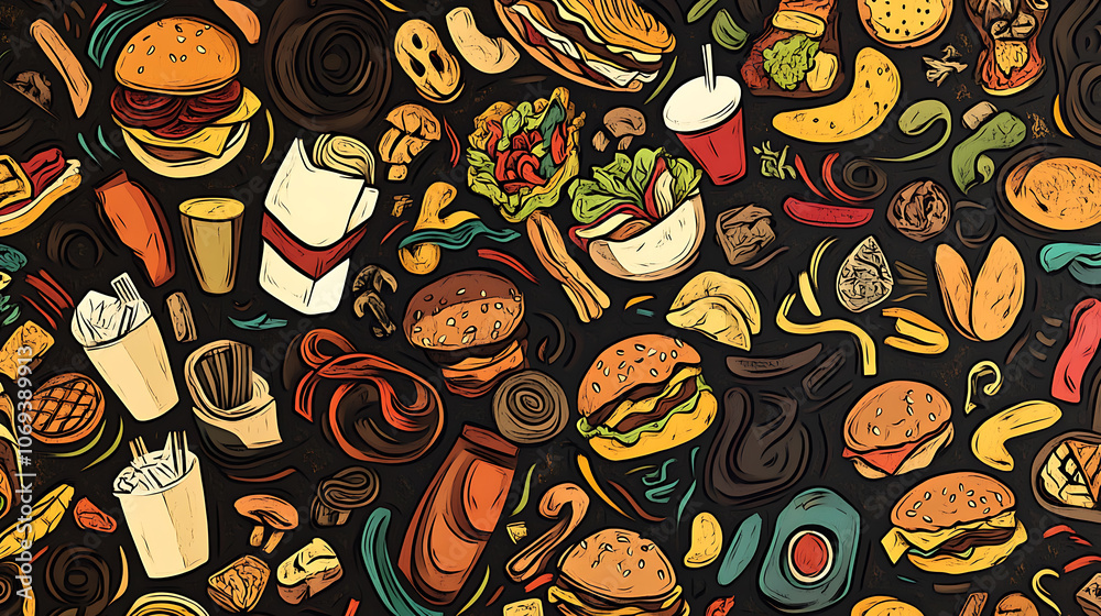 Aufkleber funny doodle pattern of fast food in different sizes